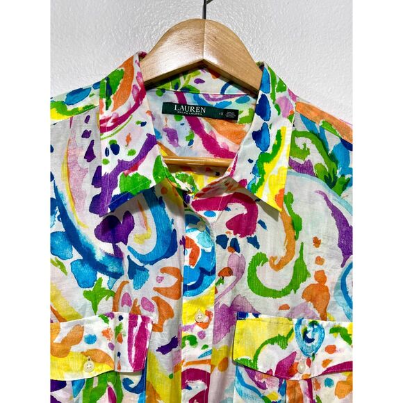 Lauren ralph Lauren cotton silk button up shirt colorful art to wear women 1X - Picture 2 of 6